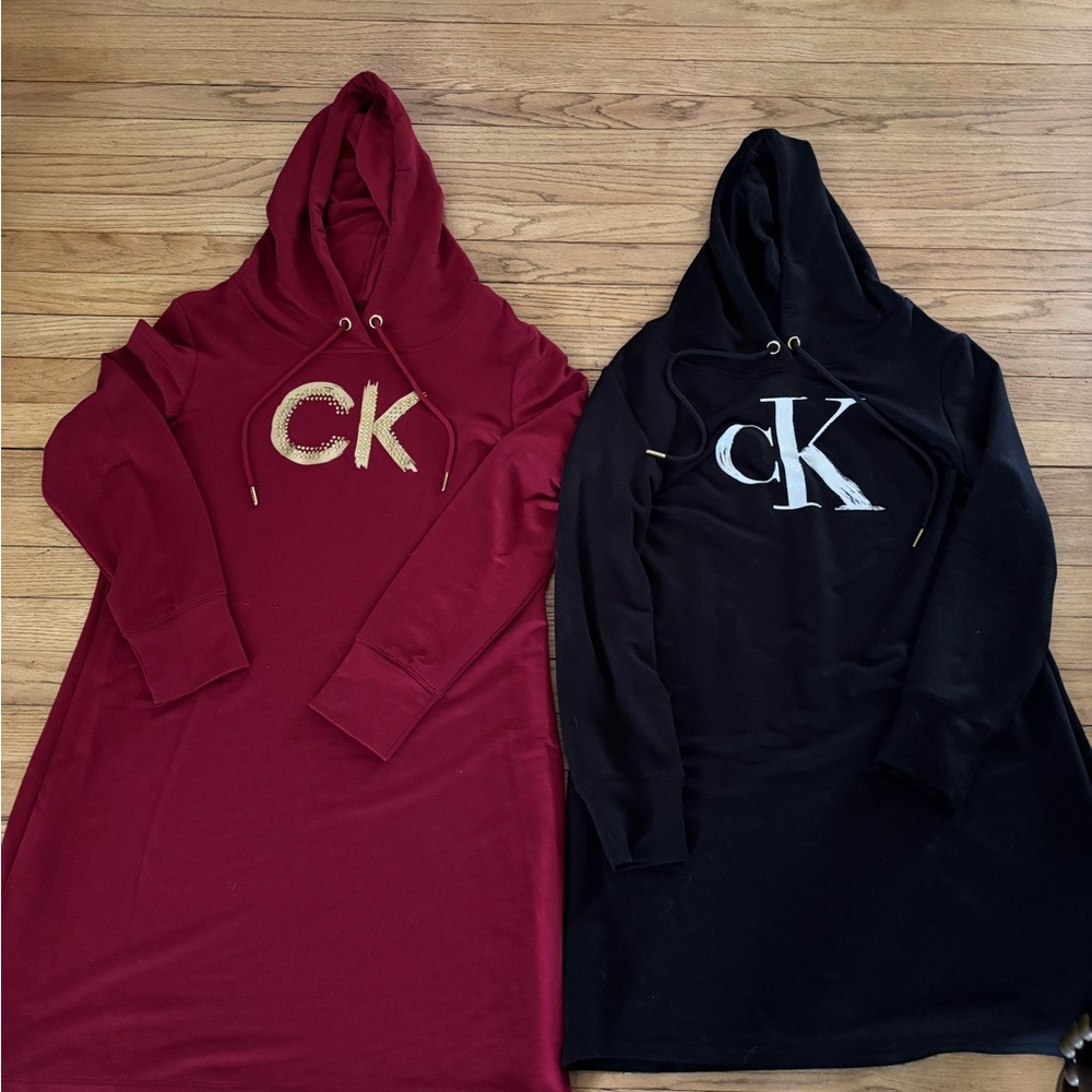 Two Calvin Klein burgundy and Black Hooded Dresses large